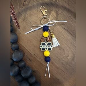 College Game Day MICHIGAN Tote Purse Beaded Bag Charm Navy Yellow 6"